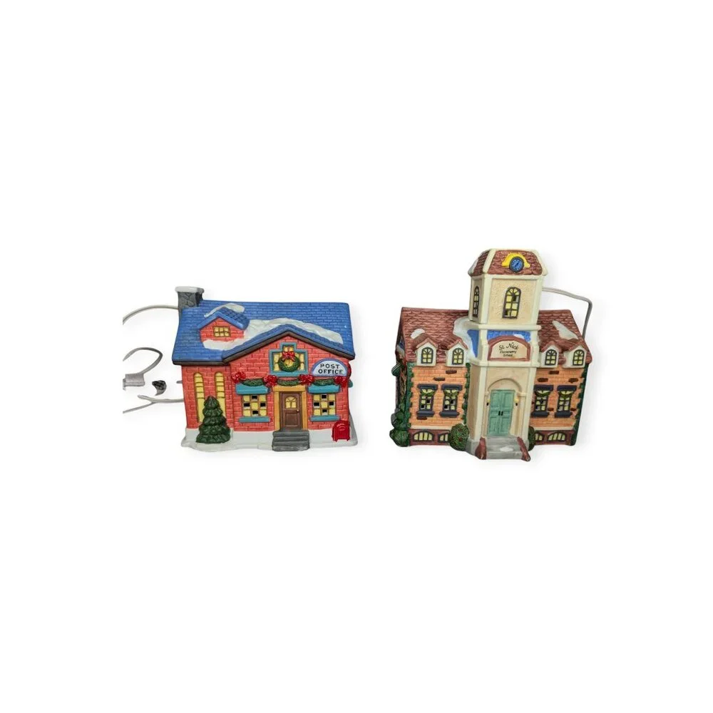 Grandeur Noel Ceramic Christmas Village Post Office Elementary School Set W/Box